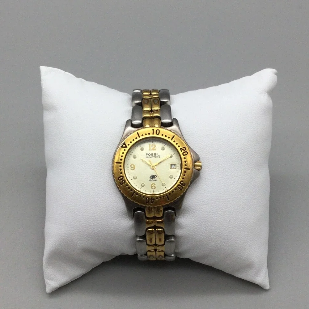 Fossil Blue Watch Women 29mm Silver Gold Two Tone Date Round Dial New Battery 6" - Picture 2 of 14